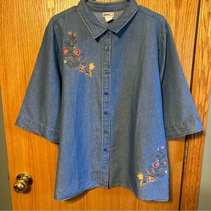 America sweetheart Woman XXL ‎ denim shirt Y2K boho embroidered top Grandma Core